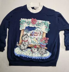 Felpa maglione vintage schiaccianoci brutto Natale nonna gattini gatti XL 90s USA - Foto 1 di 8
