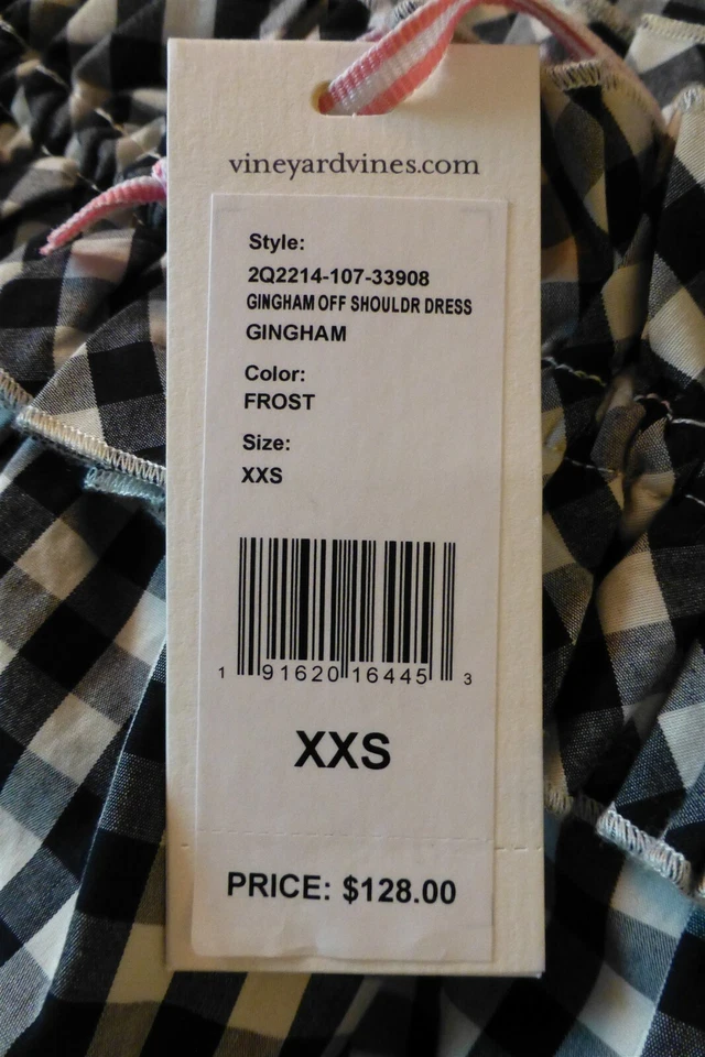 Vineyard Vines Black Gingham off Shoulder Dress Size XXS 2Q2214 Ruffle Aline