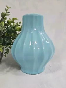 ROYAL HAEGER Vase gerippt glänzend hellblau türkis kurz Vintage 2004 - Bild 1 von 8