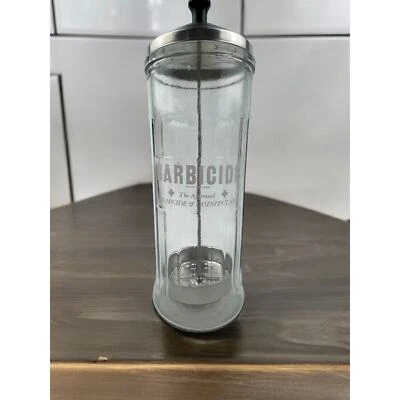Tarro desinfectante de vidrio vintage Kings Research BARBICIDA barbería peine tarro Foto 1 de 4