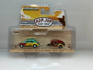Ron Jon Surf Shop Greenlight Volkswagen Beetle and Teardrop Trailer "Woody" - Picture 1 of 1