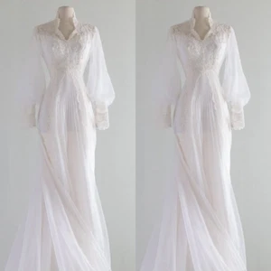 Vintage Chiffon Brautkleider Spitze Applikationen Lange Ärmel A Linie Brautkleid - Bild 1 von 11