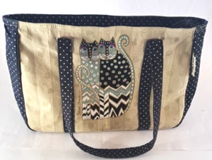 Laurel Burch Tote Bag Cats Zip Polka Dot Canvas Cat Lady Blue Tan 18x10 - Picture 1 of 8