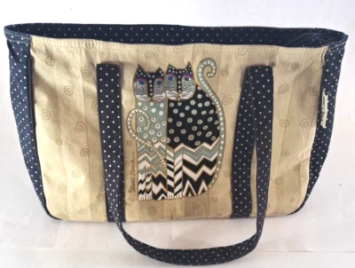Laurel Burch Tote Bag Cats Zip Polka Dot Canvas Cat Lady Blue Tan 18x10 - Image 1 of 4