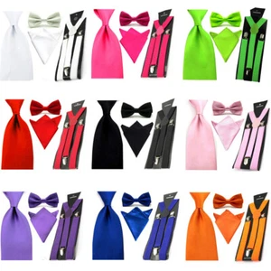 Men Bowtie Wide Necktie Hanky Pocket Square Elastic Y Back Brace Suspender Set - Picture 1 of 10