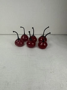 Murano Blown Art Glass Red Cherries with black stems Lot Of 6 Approx 2" Estate - Picture 1 of 13