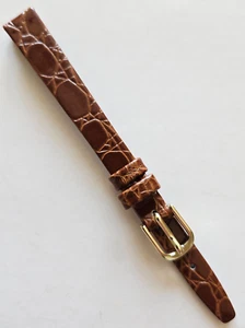 10mm - Tan Crocodile Pattern / Glossy Leather Watch Band - ( Gold Buckle ) - Picture 1 of 3