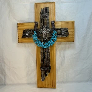 Oak Wall Cross Layered With A Rustic Western Cross And Turquoise Horseshoe - Picture 1 of 6