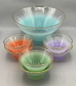 Vtg Blendo Ombré Frosted Salad Bowl 7 Piece Set Rainbow Green Purple Blue Orange - Picture 1 of 16