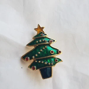 Christmas Tree Pin Green Enamel Gold-toned Bar Pin Clasp Costume Fashion Vintage - Picture 1 of 4