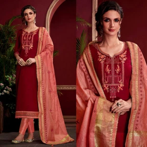 MAROON COTTON INDIAN READYMADE SALWAR KAMEEZ SUIT & KOTA SILK DUPATTA LADIES DEN - Picture 1 of 3