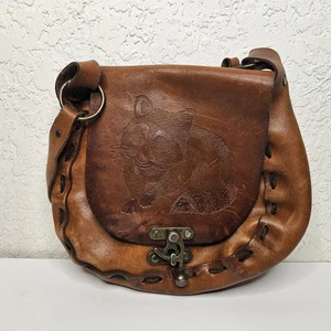 Boho Hippie Purse Hand Tooled Brown Leather Shoulder Bag Retro Raccoon Animal  - Picture 1 of 12