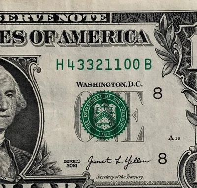 $1 BILL - Descending Chunky Partial Ladder 5 Digit Triple Pairs Fancy ONE DOLLAR - Image 1 of 4