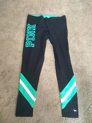 Victoria's Secret 粉色棉质平底瑜伽打底裤黑色绿色白色标志 2017 罕见 — 第 1/4 张图片