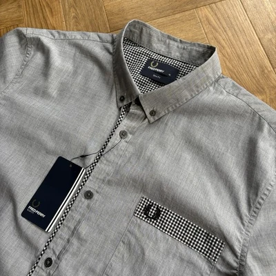 BNWT Fred Perry Short Sleeve Gingham Trim Oxford Shirt Grey Size Extra Large - Image 1 of 4