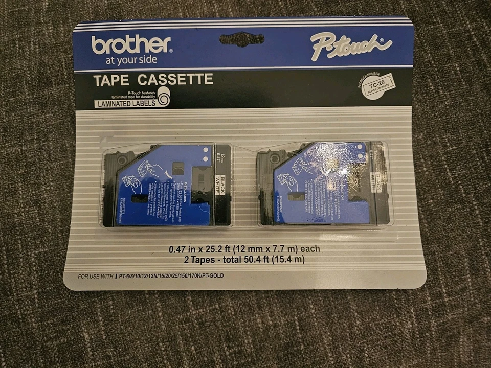 Brother P-touch Tape Cassette 2 Pack TC-20 Laminated Labels Black on White 1/2" - Image 1 of 1