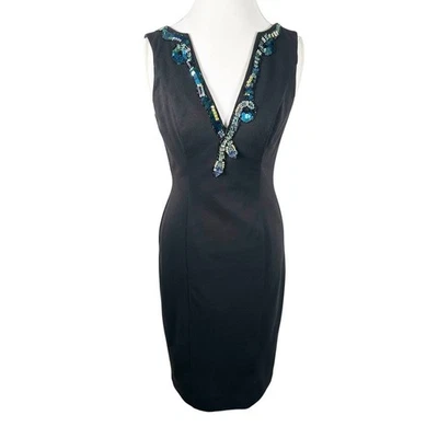 Vestido de cóctel Boston Proper negro escote con joyas funda tejida midi talla 10 Foto 1 de 4