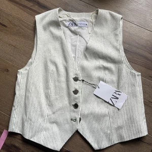 Zara Women's NWT Striped Vest Green/White Waistcoat 100% Cotton Summer Sz M #Aa - Picture 1 of 8