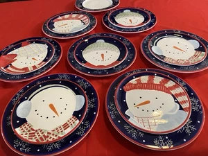 15 pc Zak Debbie Mumm Snowman Portrait Snowflakes Blue Rim Red Trim White Plates - Picture 1 of 15