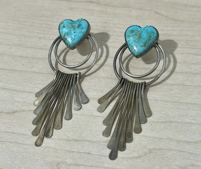 Brincos pendentes vintage anos 90 Quoc QT prata esterlina coração turquesa argola dupla - Imagem 1 de 4