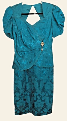 Vestido Damasco Satinado Azul Teal Scott McClintock Vintage Años 80 90 Talla 12 Broche Foto 1 de 4