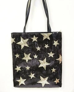 NEW FANCY BLACK METALLIC GOLD STARS SEQUINS TOTE,HANDBAG,SHOPPER+DUST BAG - Picture 1 of 4