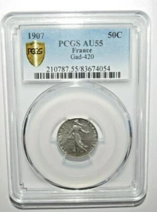 1907 FRANCE 50 CENTIMES PCGS AU55 Silver <KM#854> - Picture 1 of 3