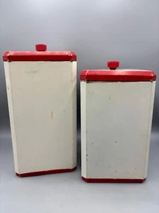 Vintage MCM Metal Canisters White Red Accents Decor Metal Box Hinged Lid - Picture 1 of 7