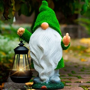 Garden Gnomes 11.8x7.9, Gnomes with Solar Lantern, Middle Finger Gnome - Picture 1 of 8