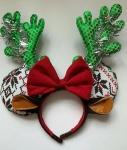Minnie Mouse Ears Reindeer Christmas Sustainable Handmade Headband Green/Red - Picture 1 of 10