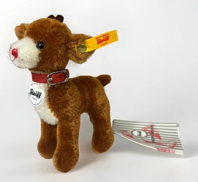 Steiff Rudolph The Red Nose Reindeer Mohair Mini 5” Tall Williams Sonoma Xmas - Image 1 of 4