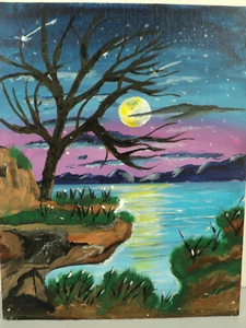 Local Amateur Artist Acrylic Painting Moon Over Grand LK 11" x 14" Canvas Board - Picture 1 of 2