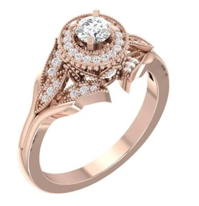 Milgrain Halo Solitaire Diamond Rings For Women SI1 G 0.60 Carat 14K Rose Gold - Picture 1 of 11