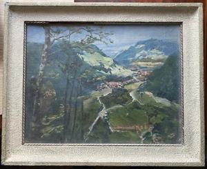 ::ÖLGEMÄLDE LANDSCHAFT BLICK IN EIN TAL 1913 IMPRESSIONIST BÄUME ANTIK RAHMEN - Bild 1 von 9