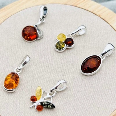 Lotto 5 Ambra Baltica & 925 Massiccio Sterling Argento Sterling Ciondoli - Immagine 1 di 4