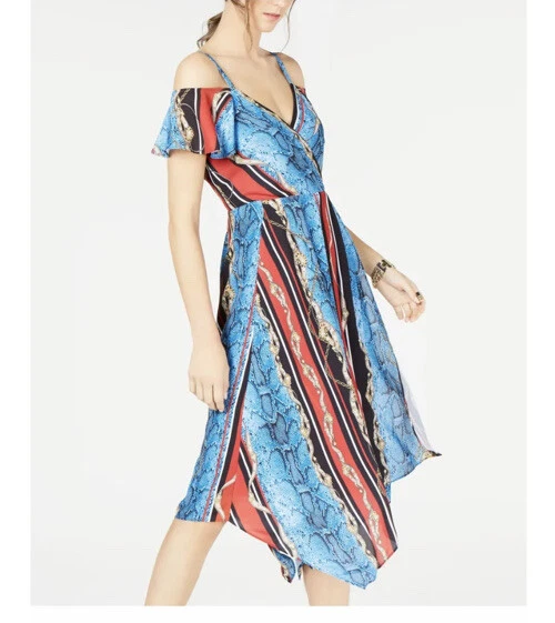 Inc Womens Blue Cold Shoulder Printed V Neck Midi Sheath Dress Size 12