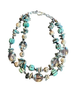 Collar de cuentas en capas de piedra y cristal marrón turquesa y marrón claro de 18 pulgadas - Imagen 1 de 14