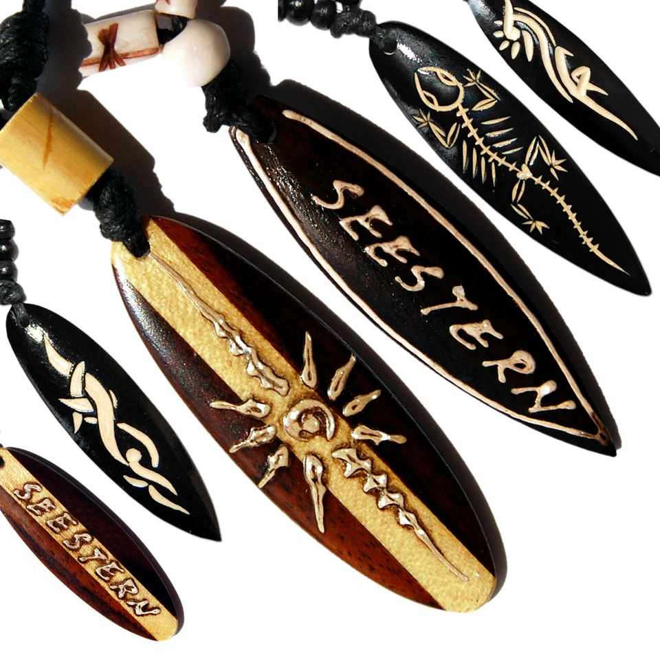 SEESTERN SPORTSWEAR Seestern Halskette Modeschmuck mit Surfboard Holz Anhänger variables Halsband