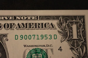 ONE DOLLAR FANCY BIRTHDAY/ANNIVERSARY NOTE [SEPT 7, 1953]  SN # D 90071953 D - Picture 1 of 3