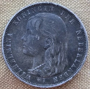 1892 Netherlands Young Wilhelmina 1 Gulden Silver Coin NR - Picture 1 of 2