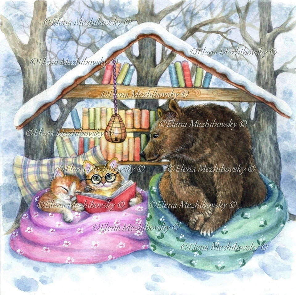 Acuarela Original Caprichoso Arte Animales Gatos 8" x 8" por Elena Mezhibovsky Foto 1 de 1