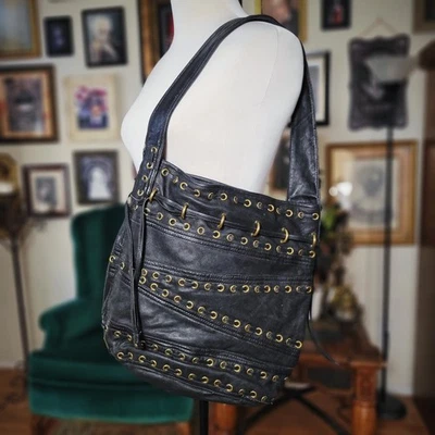 2000s Kooba Black Leather Shoulder Bag Studded Grommet Slouch Tote - Image 1 of 4