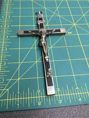 Gran Antiguo Crucifijo Pectoral Alemán Segunda Guerra Mundial Calavera Huesos Cruzados Plata y Ébano 6" Foto 1 de 4