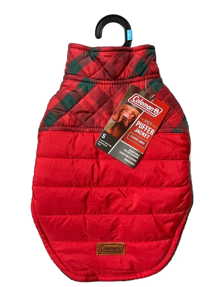 Coleman Pet Dog Puffer Jacket Red Plaid Print Fleece Lined XS BxT