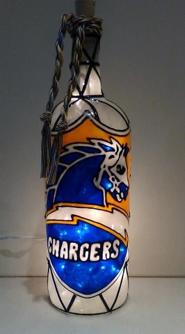 LA Chargers inspired Bottle Lamp Handpainted Stained Glass Look Lighted Cover