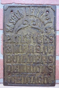 SASGEN DERRICK Co BUILDERS DERRICKS CHICAGO Original Old Cast Iron Plaque Sign - Bild 1 von 12
