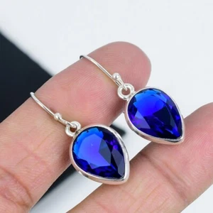 Orecchini In Argento Sterling 925 Con Gemma Blu Zaffiro Creato In Laboratorio - Foto 1 di 4