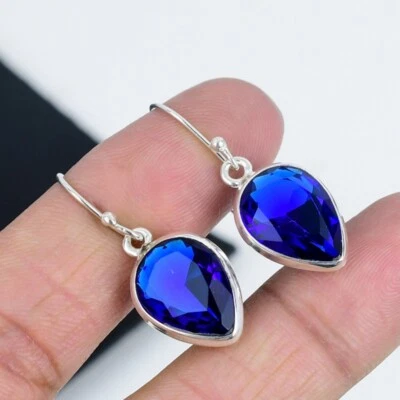 Orecchini In Argento Sterling 925 Con Gemma Blu Zaffiro Creato In Laboratorio - Immagine 1 di 4