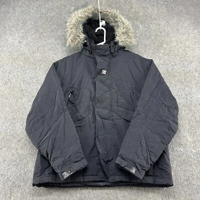 VINTAGE DC Shoes Jacket Mens M Black Parka Hooded Ski Snowboarding Faux Fur Y2K - Image 1 of 4
