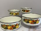 Vintage Set Of 4 Nesting Enamel Mixing Bowls With Colorful Fruit Motif